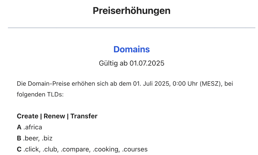 Unser Domain Registrar meldet zahlreiche Domain Preiserhöhungen ab 1. Juli 2025